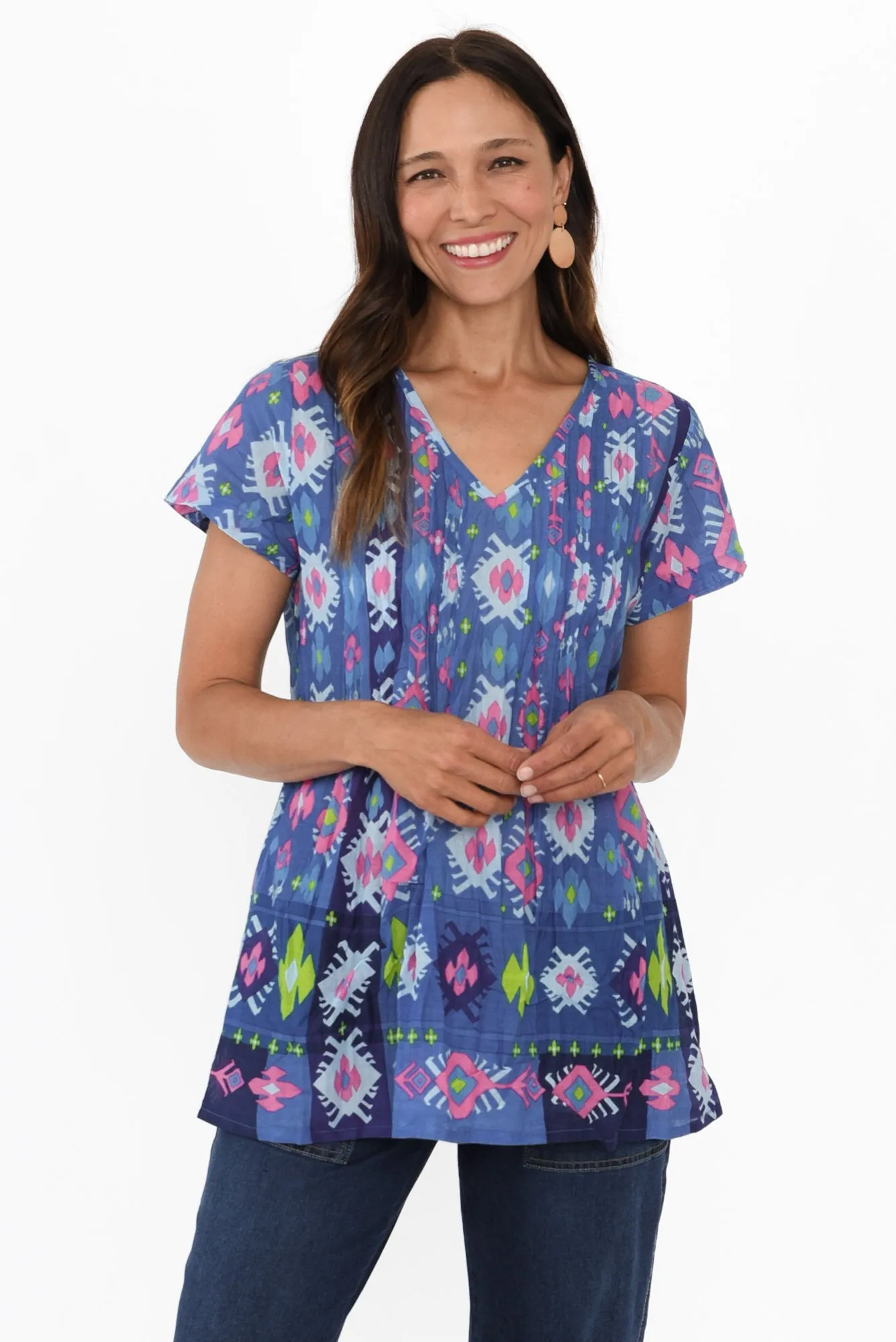 Fia Navy Geo Crinkle Cotton Top sold by Blue Bungalow