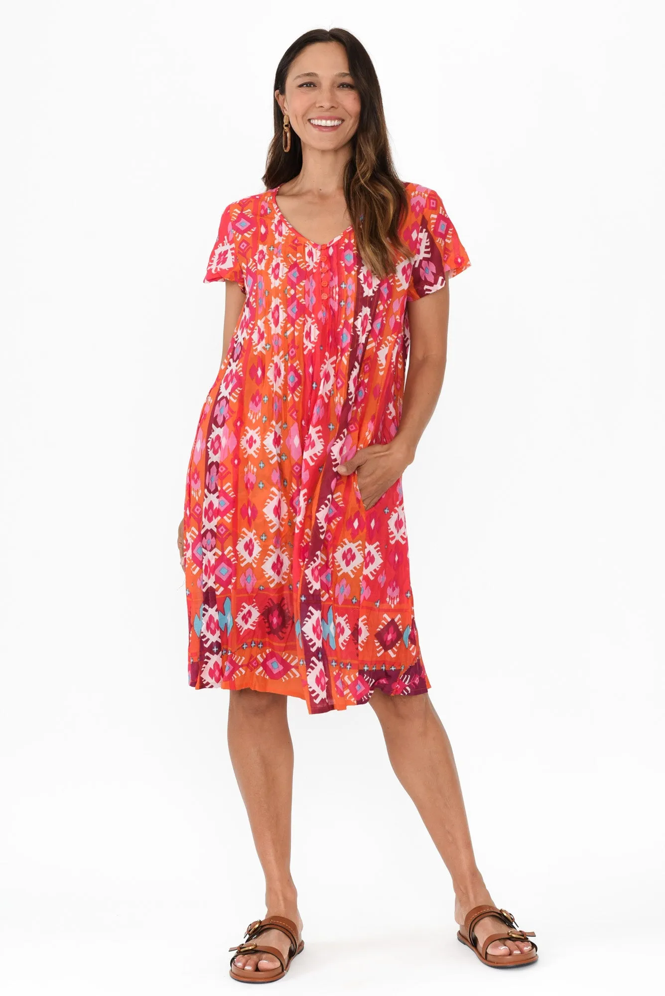 Sabina Red Geo Crinkle Cotton Dress sold by Blue Bungalow
