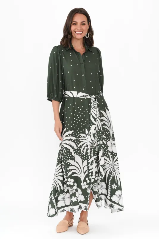 Alivia Khaki Tropical Shirt Dress sold by Blue Bungalow