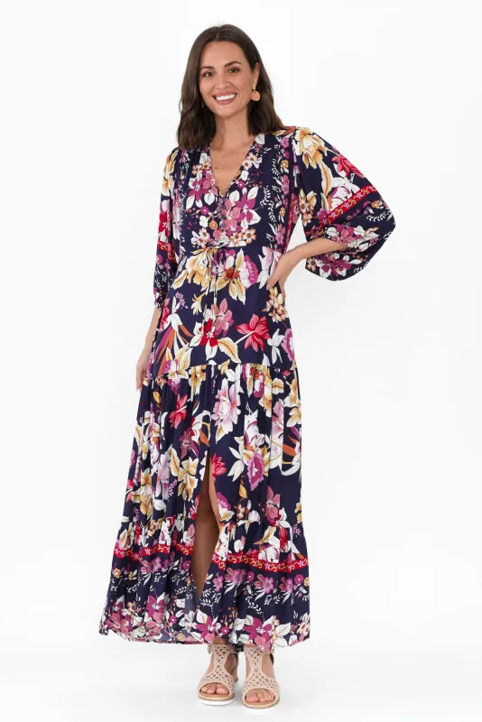 Kaylie Navy Floral Tie Dress sold by Blue Bungalow