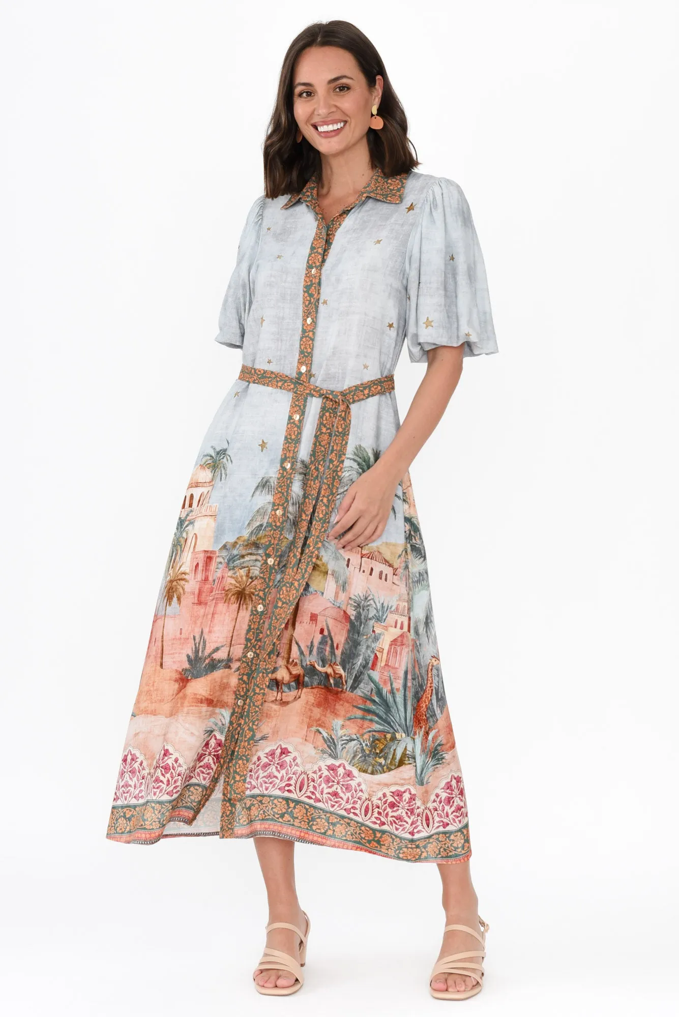 Piper Blue Palm Shirt Dress sold by Blue Bungalow