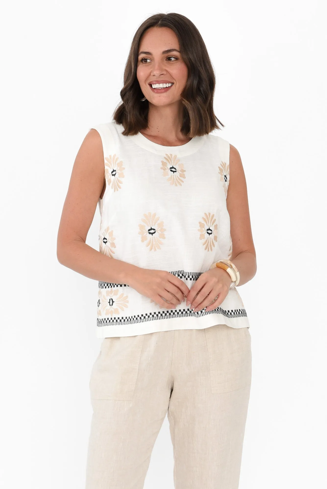 Nerissa Cream Mosaic Embroidered Tank sold by Blue Bungalow