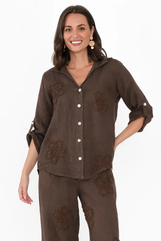 Maribel Chocolate Flower Linen Shirt sold by Blue Bungalow