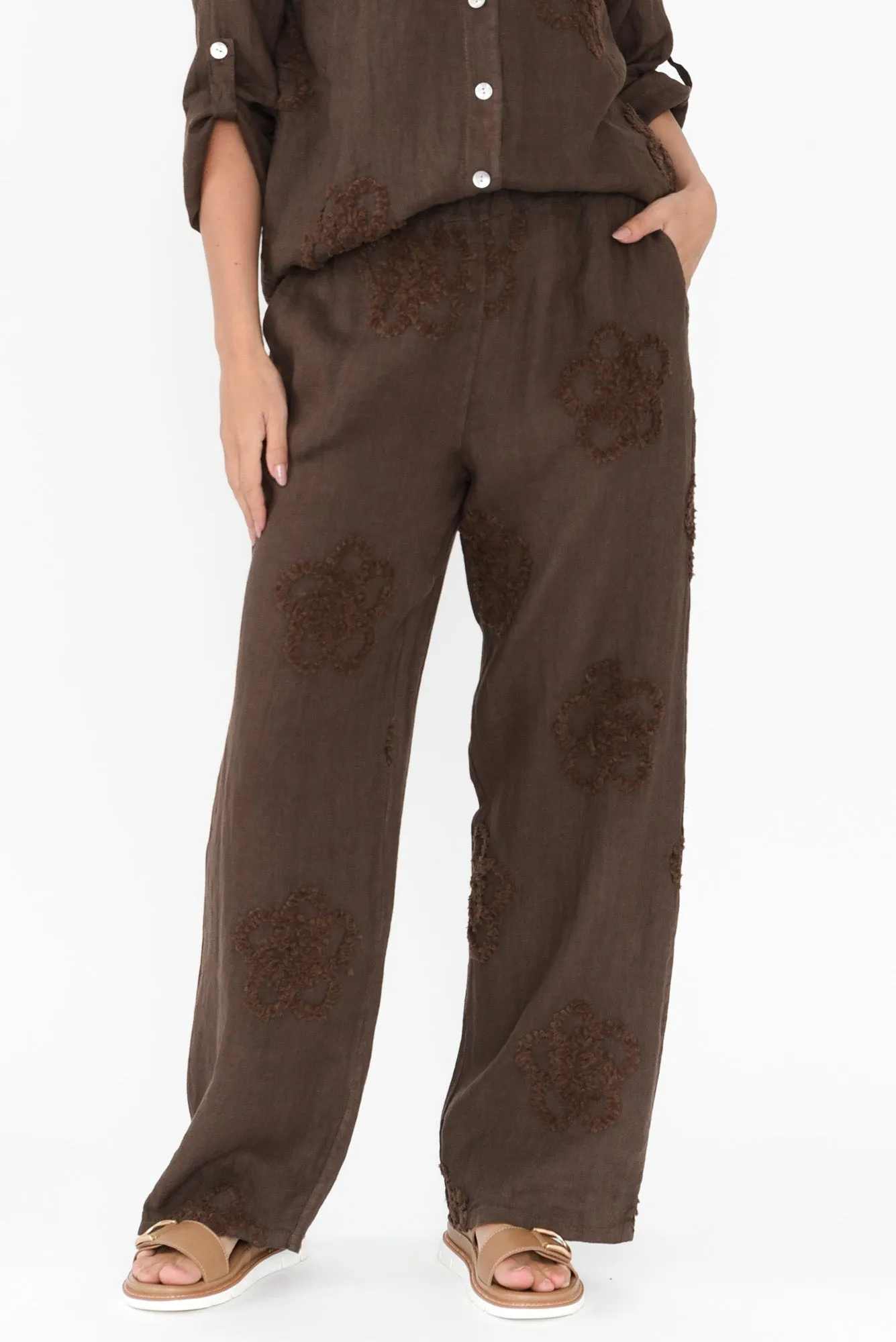 Mei Chocolate Flower Linen Pants sold by Blue Bungalow
