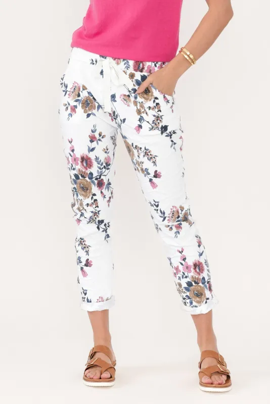 Simpson White Floral Stretch Pants sold by Blue Bungalow