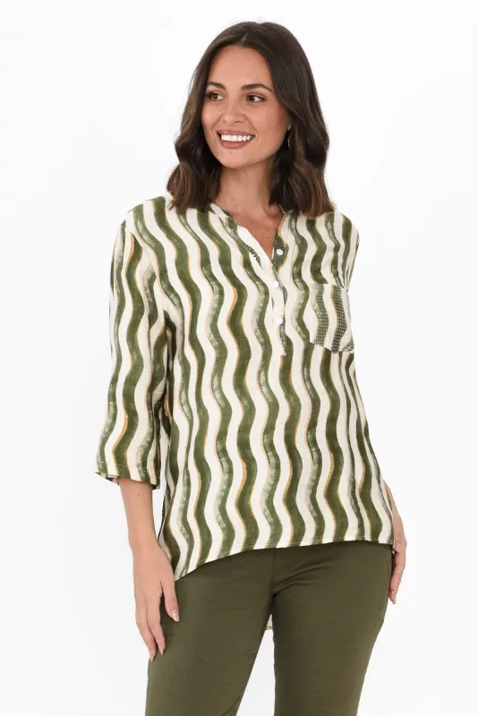 Neiman Khaki Swirl Pocket Blouse sold by Blue Bungalow