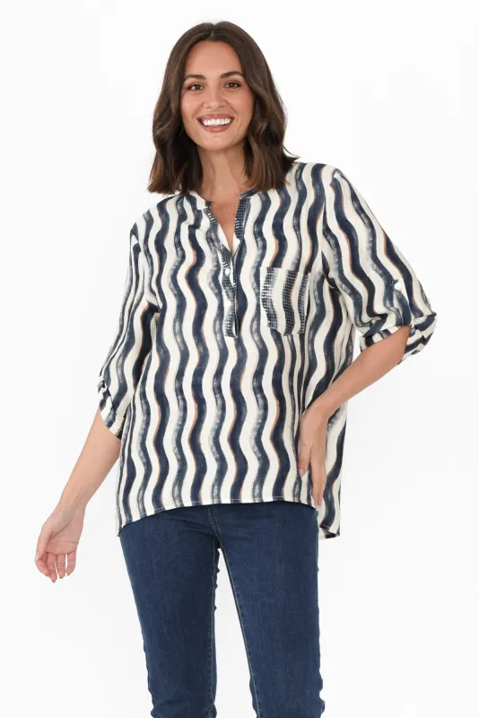 Neiman Navy Swirl Pocket Blouse sold by Blue Bungalow