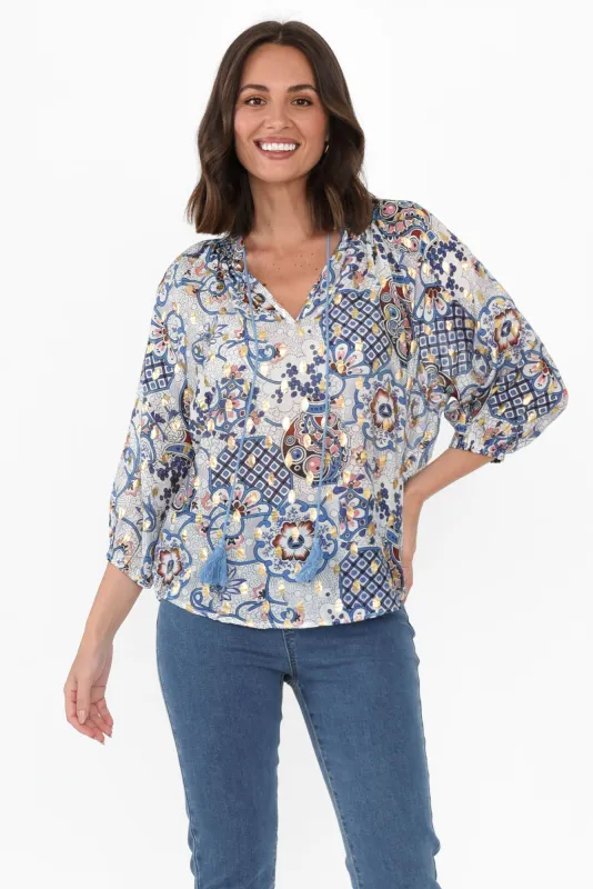 Theo Blue Paisley Cotton Blend Blouse sold by Blue Bungalow