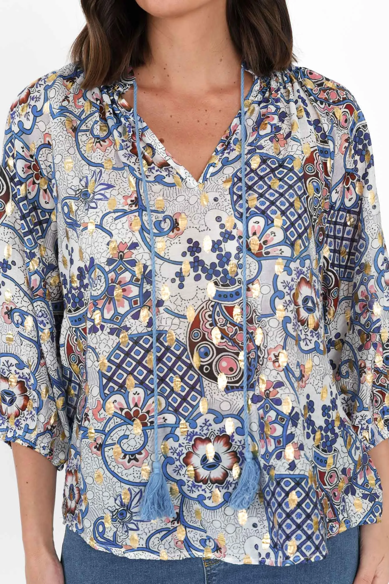 Theo Blue Paisley Cotton Blend Blouse sold by Blue Bungalow product image thumbnail 5