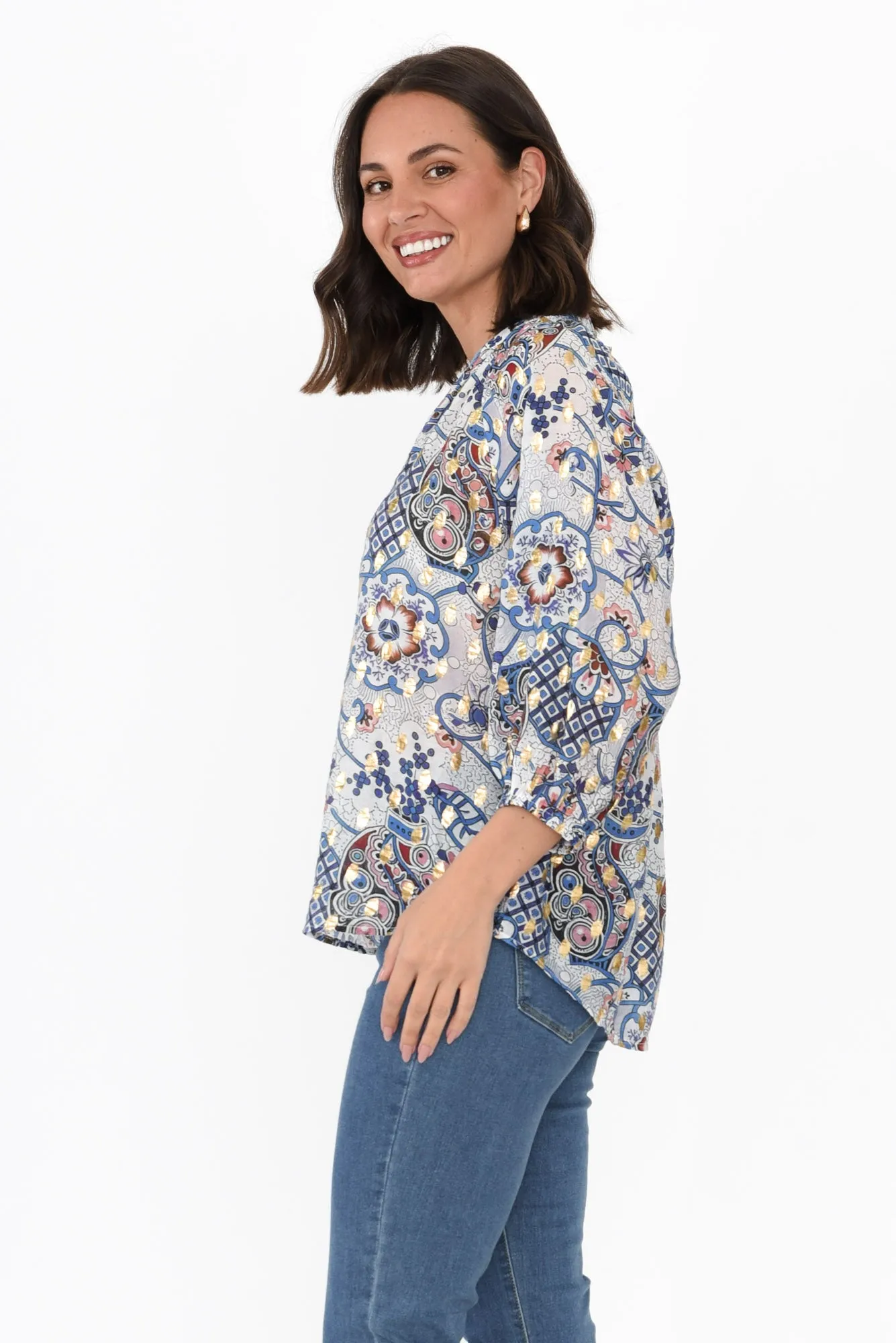 Theo Blue Paisley Cotton Blend Blouse sold by Blue Bungalow product image thumbnail 3