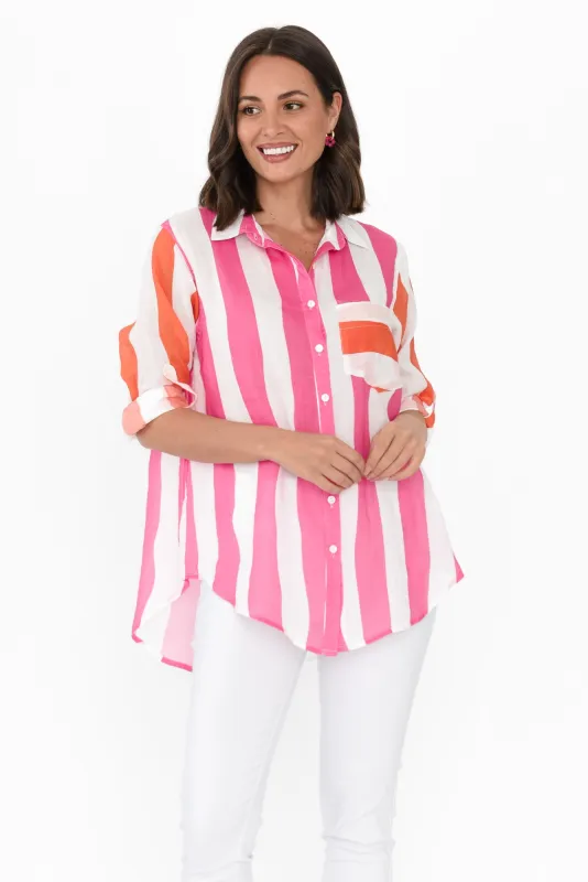 Fenna Pink Stripe Linen Shirt sold by Blue Bungalow