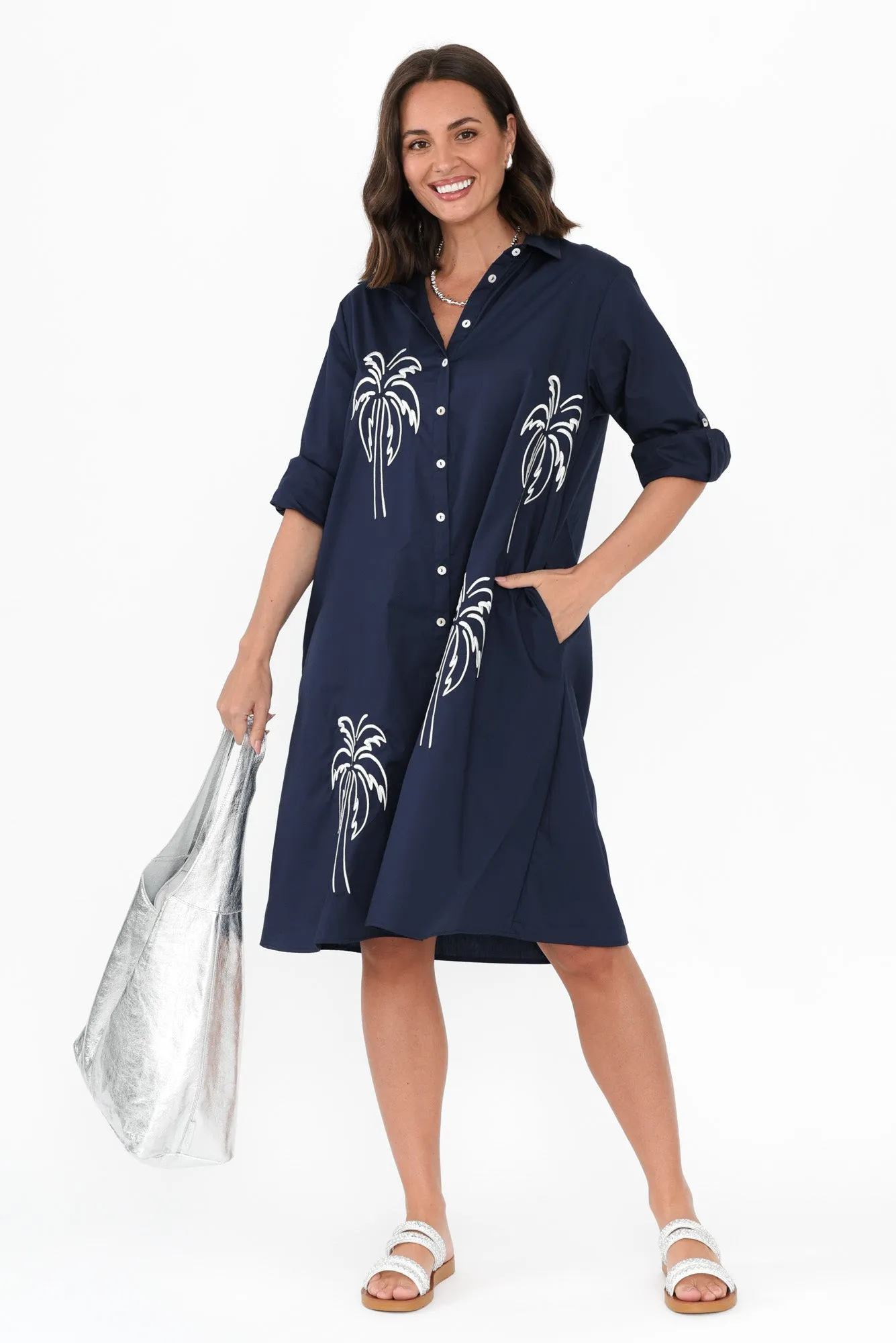 Bridie Navy Palm Cotton Shirt Dress sold by Blue Bungalow