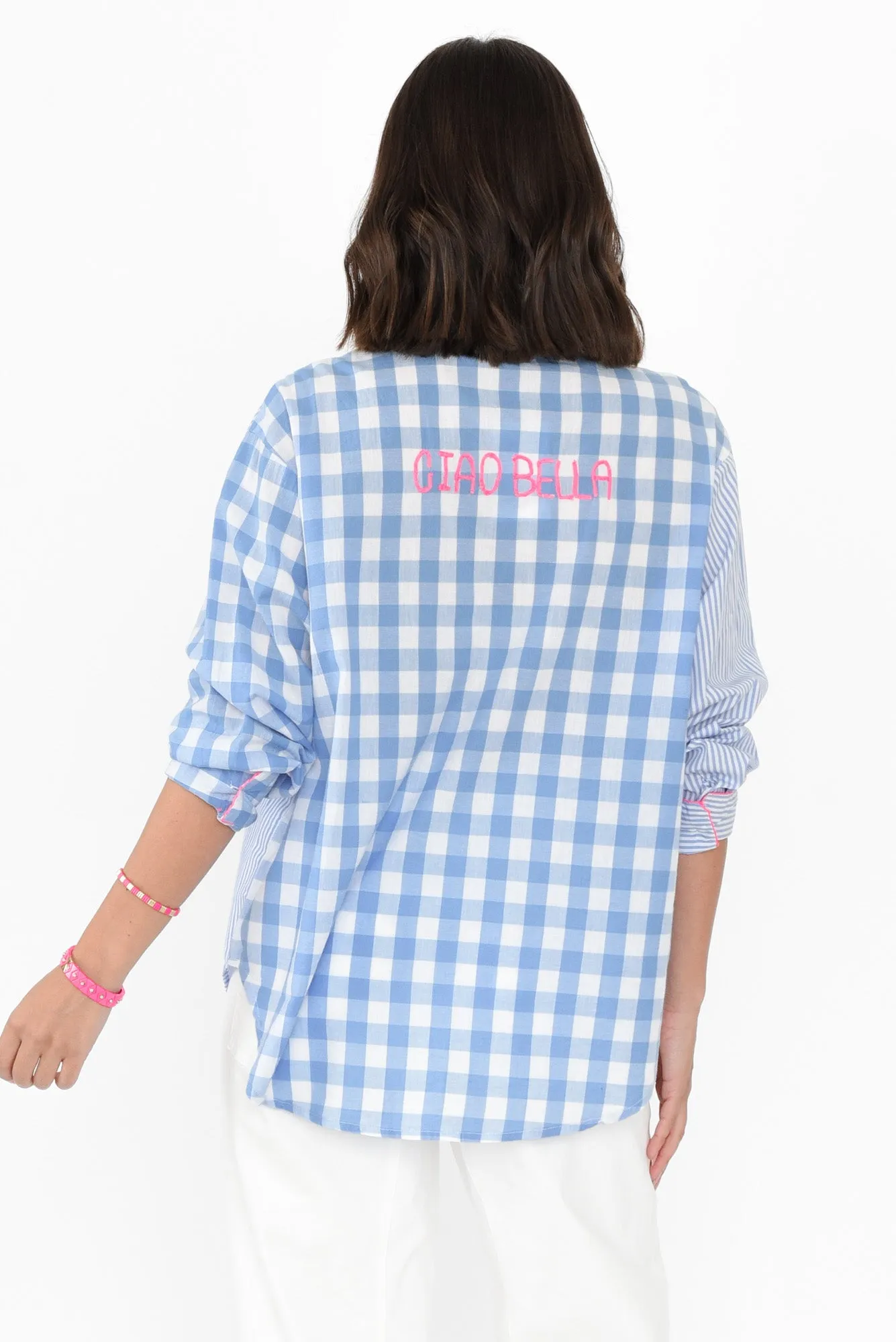 Raelyn Blue Check Cotton Embroidered Shirt sold by Blue Bungalow product image thumbnail 5