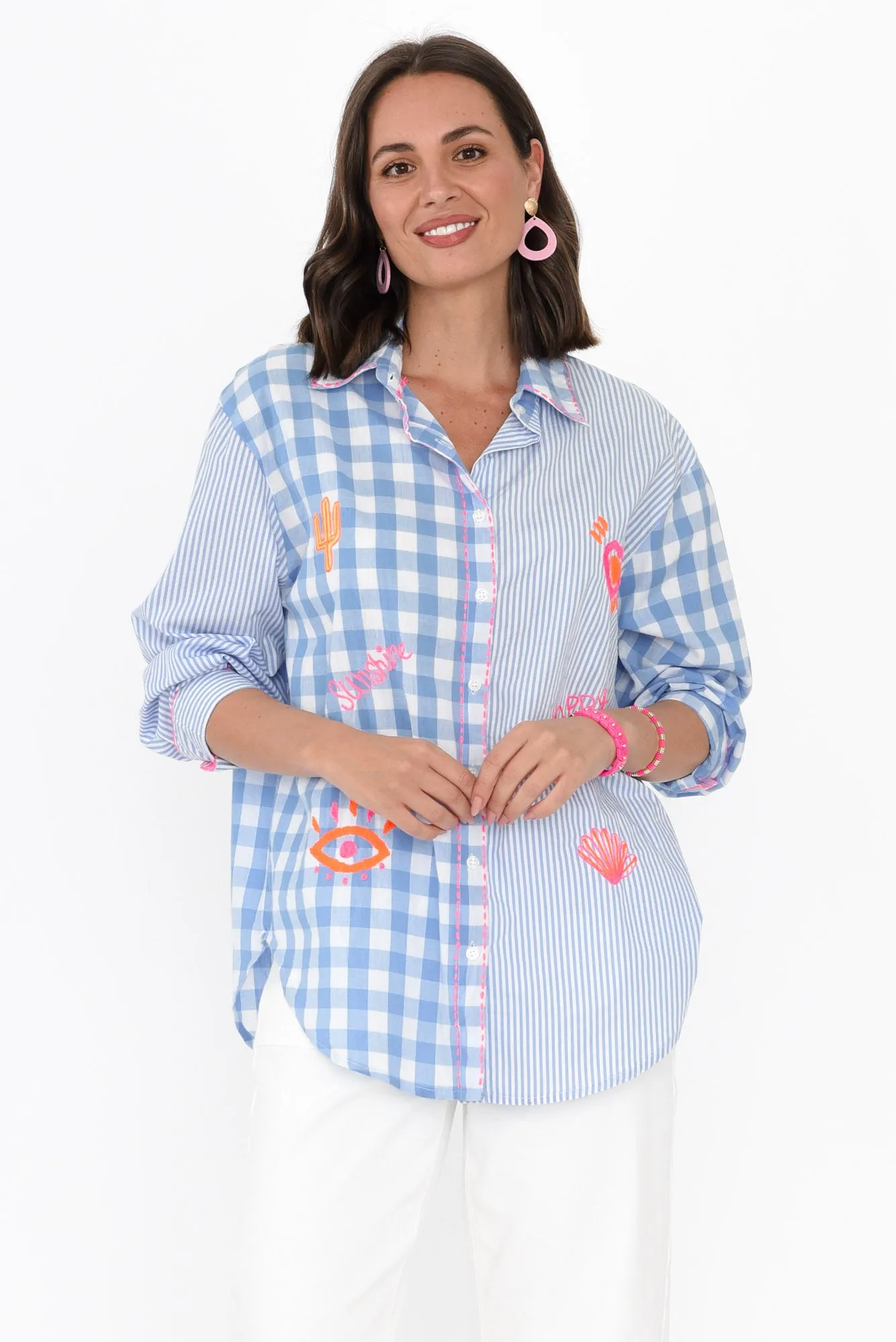 Raelyn Blue Check Cotton Embroidered Shirt sold by Blue Bungalow product image thumbnail 2