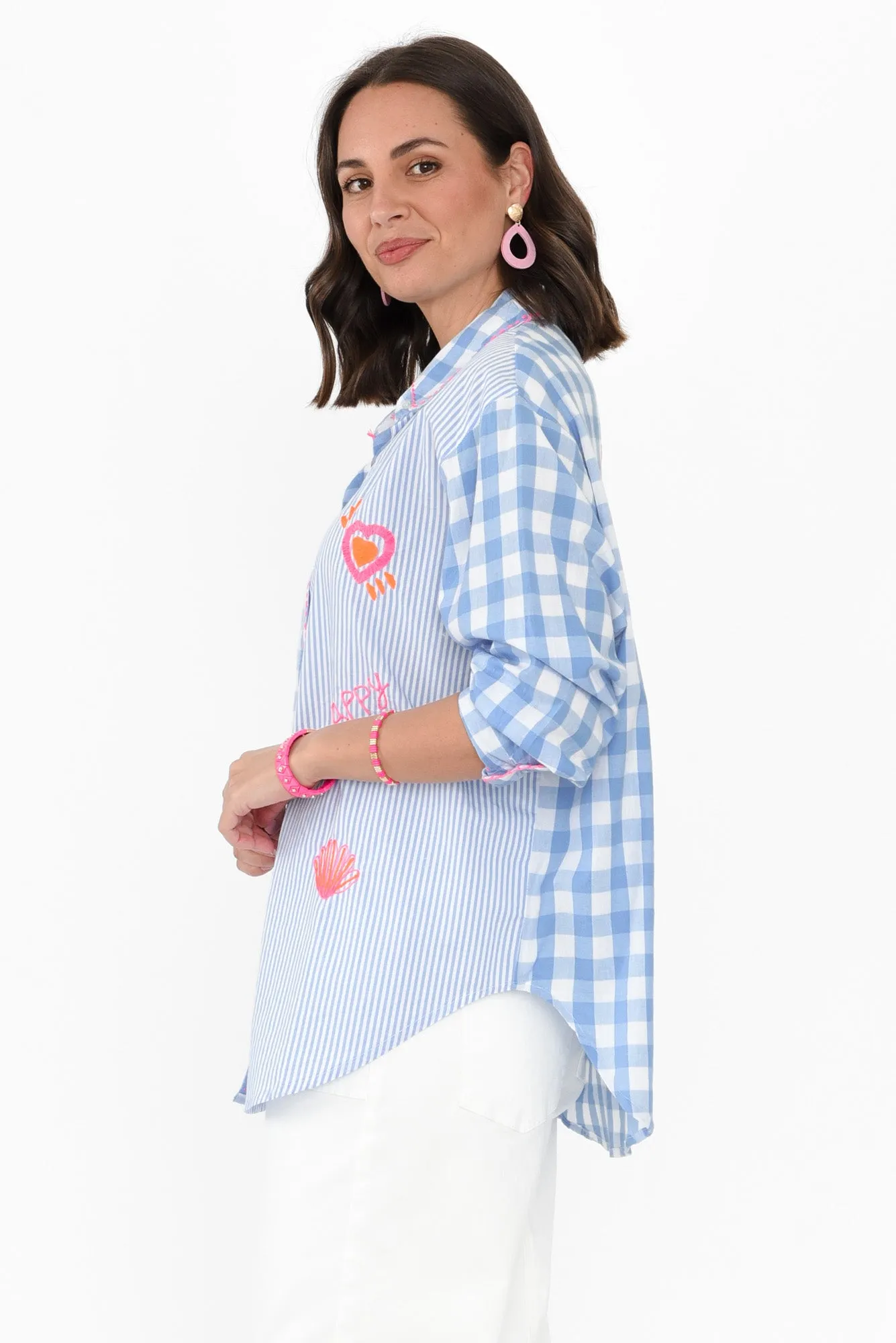 Raelyn Blue Check Cotton Embroidered Shirt sold by Blue Bungalow product image thumbnail 4