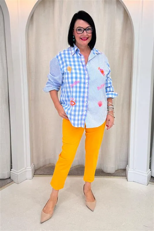 Raelyn Blue Check Cotton Embroidered Shirt sold by Blue Bungalow