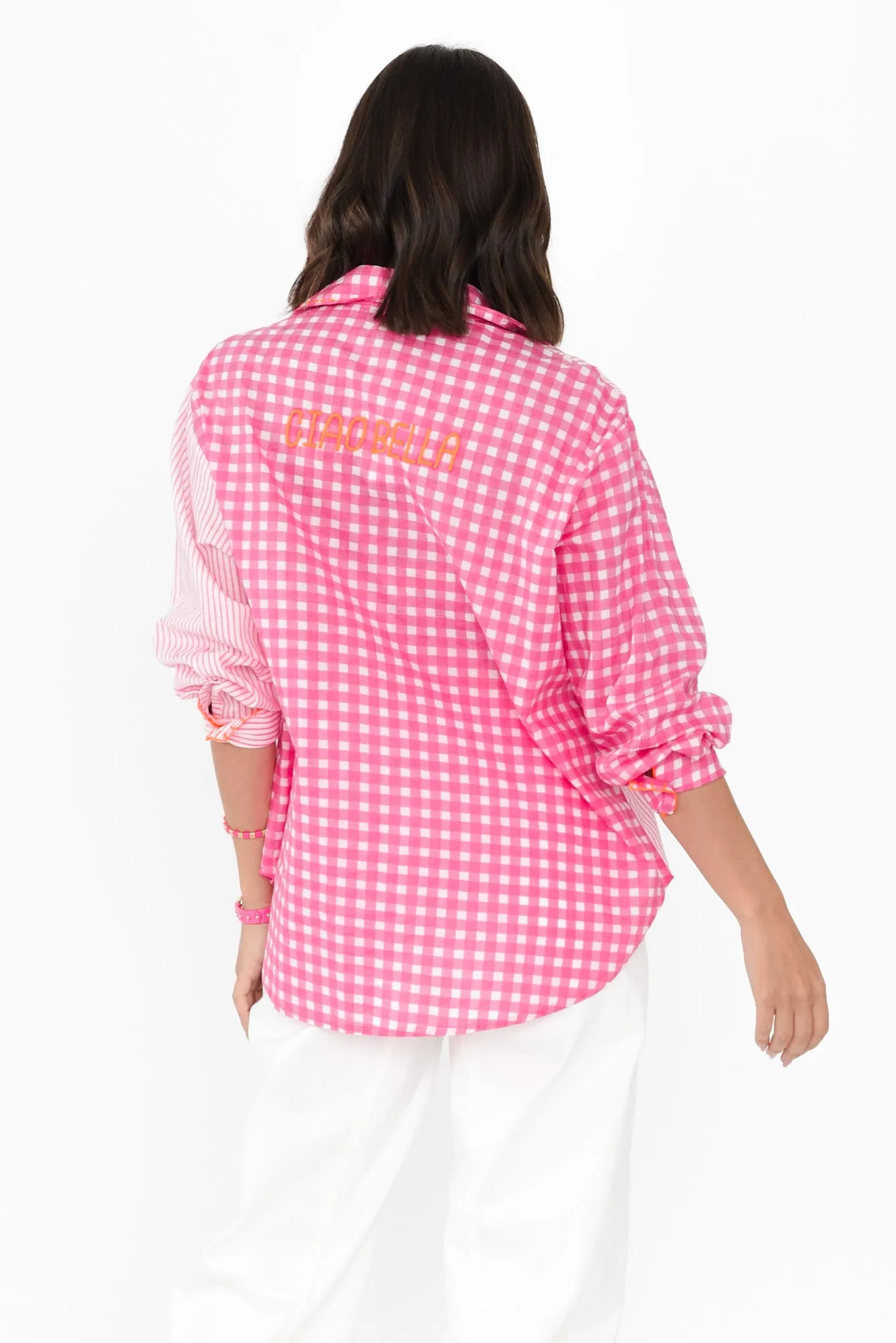 Raelyn Pink Check Cotton Embroidered Shirt sold by Blue Bungalow product image thumbnail 4