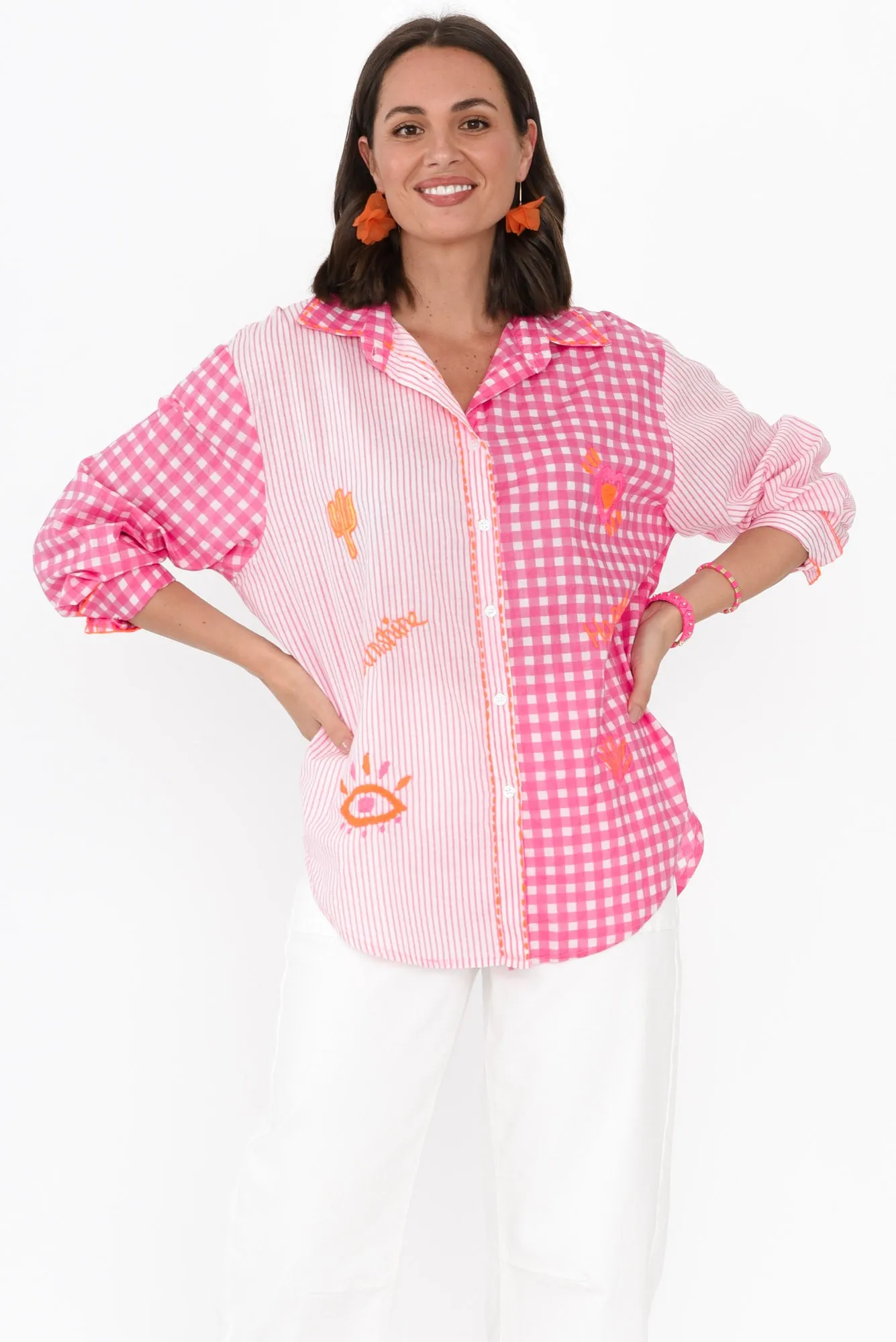 Raelyn Pink Check Cotton Embroidered Shirt sold by Blue Bungalow