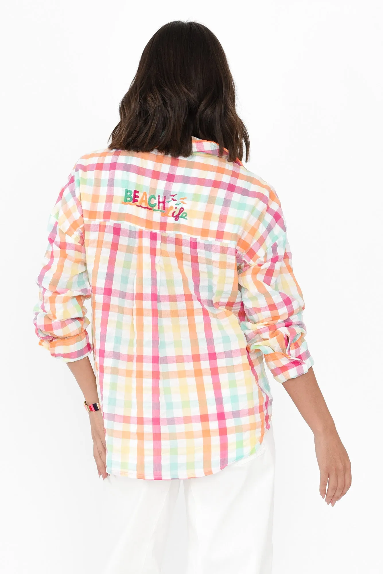 Mauna Orange Check Cotton Embroidered Shirt sold by Blue Bungalow product image thumbnail 4