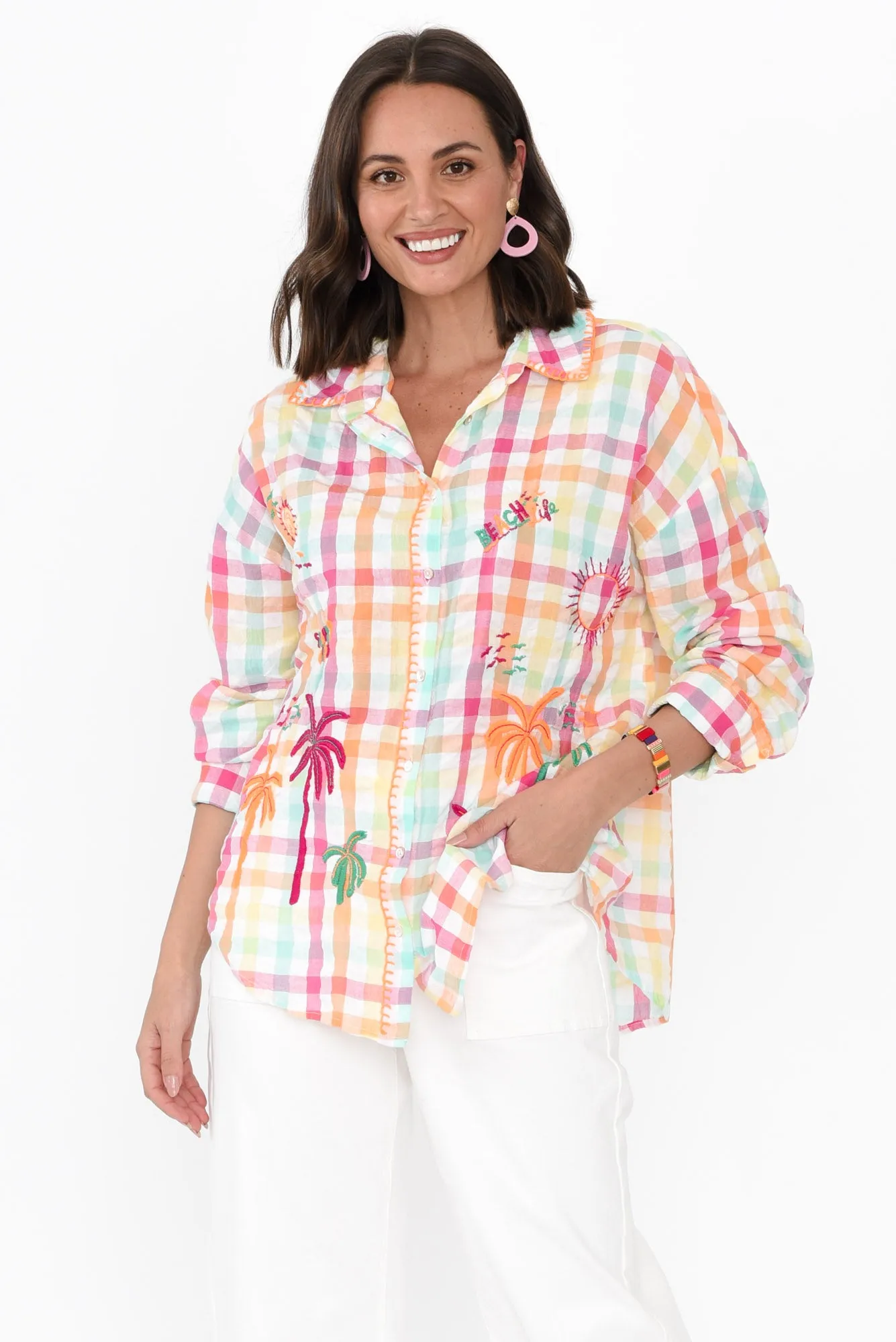 Mauna Orange Check Cotton Embroidered Shirt sold by Blue Bungalow