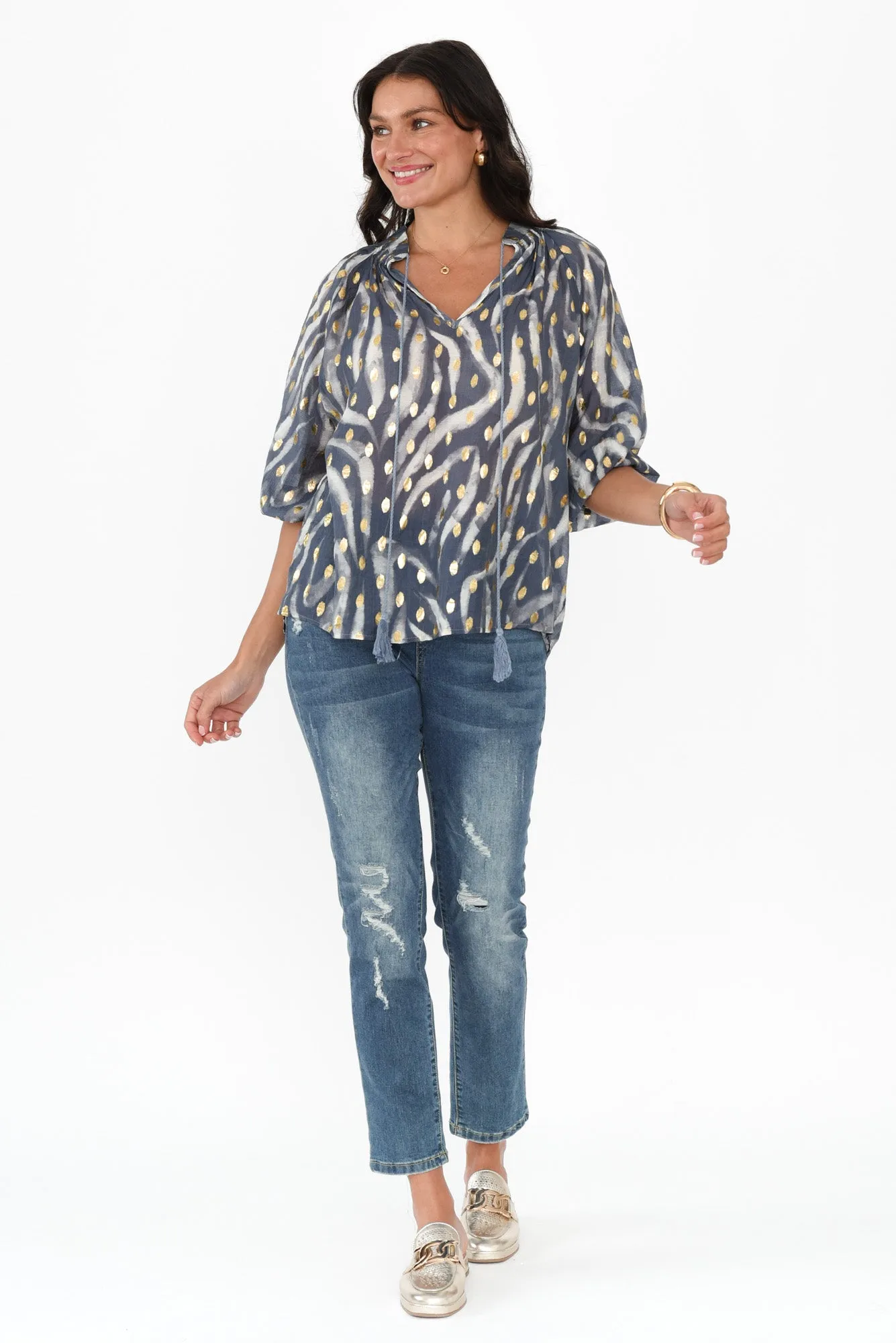 Theo Navy Swirl Cotton Blend Blouse sold by Blue Bungalow product image thumbnail 2