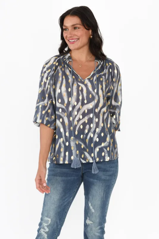 Theo Navy Swirl Cotton Blend Blouse sold by Blue Bungalow