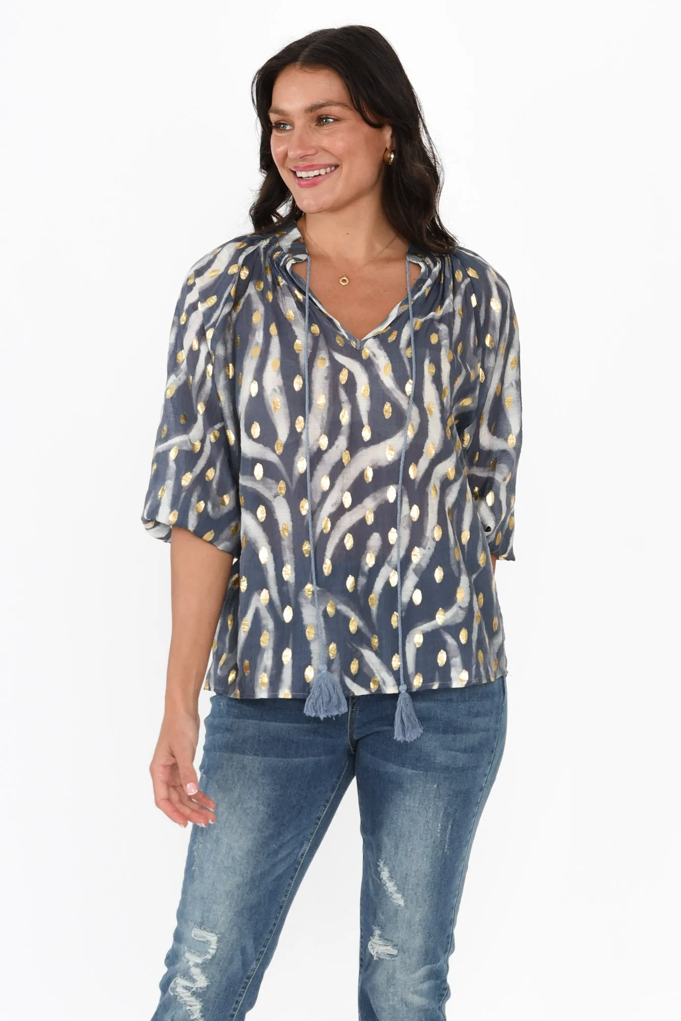 Theo Navy Swirl Cotton Blend Blouse sold by Blue Bungalow