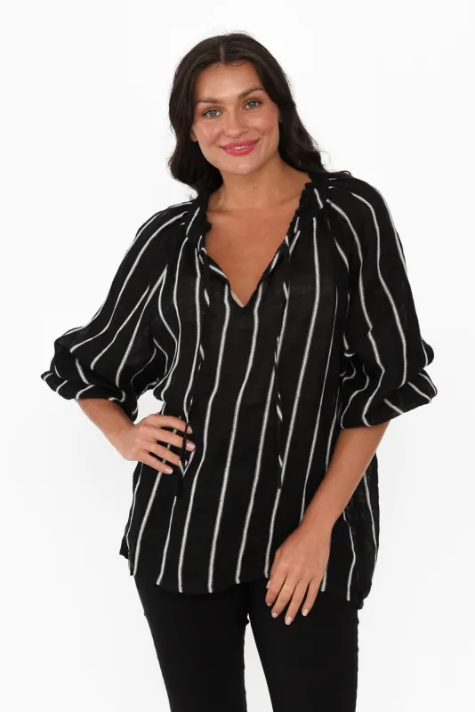 Sussana Black Stripe Linen Tie Top sold by Blue Bungalow