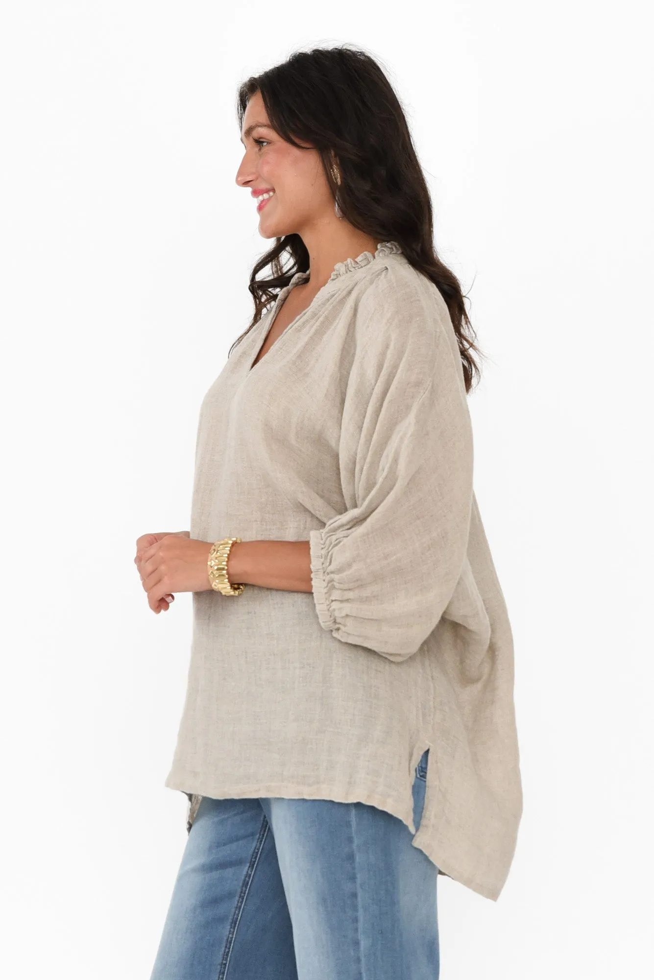 Granada Natural Linen V Neck Top sold by Blue Bungalow product image thumbnail 3