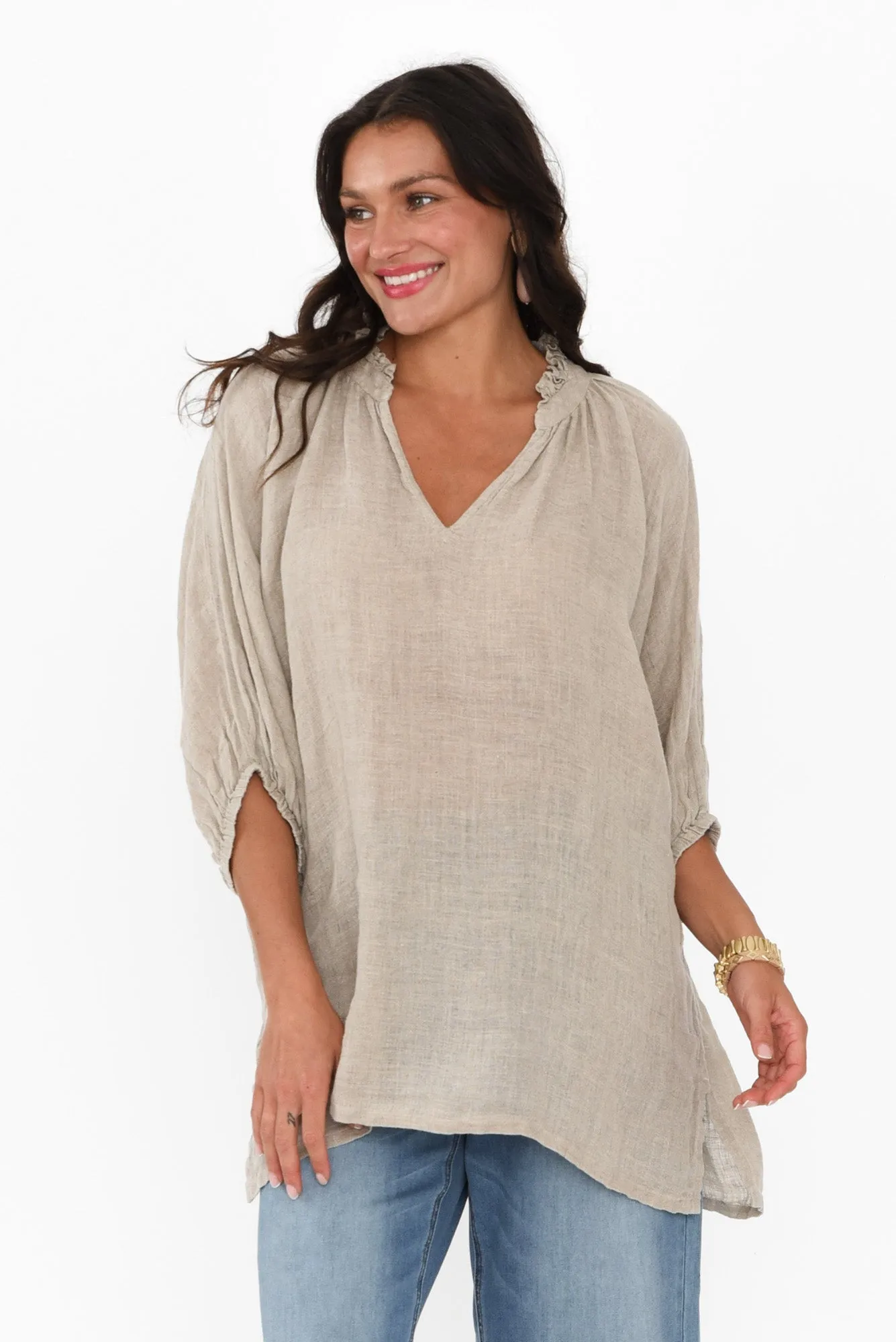 Granada Natural Linen V Neck Top sold by Blue Bungalow