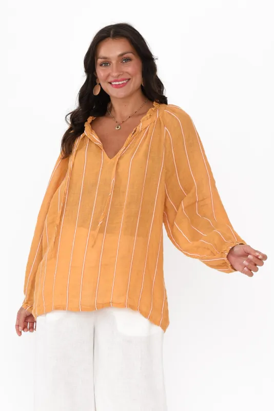 Sussana Mustard Stripe Linen Tie Top sold by Blue Bungalow