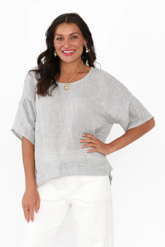 Barbara Light Blue Stripe Linen Top sold by Blue Bungalow