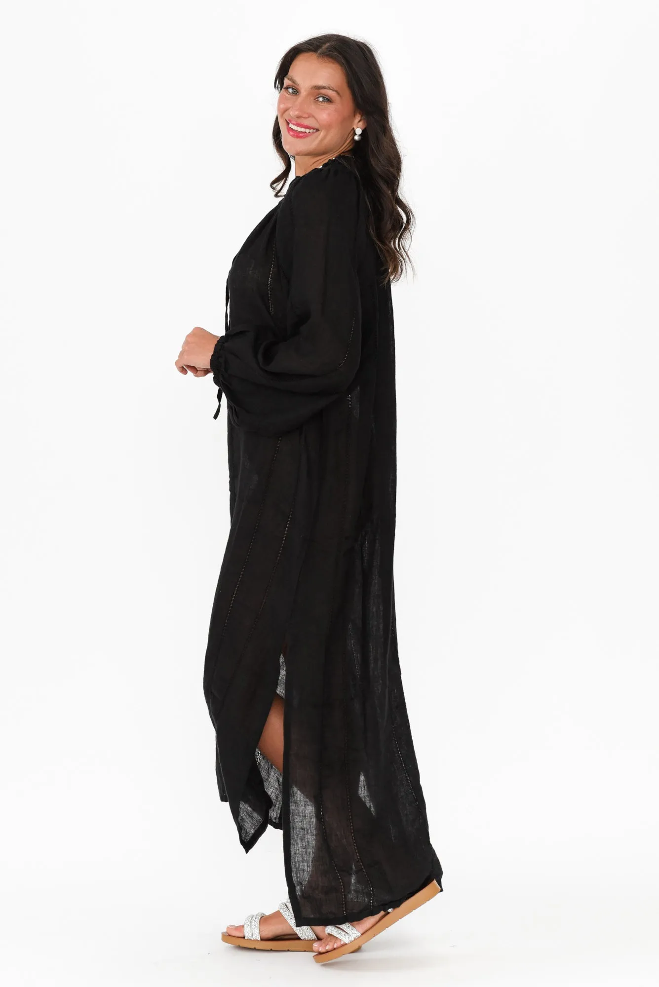 Elena Black Linen V Neck Dress sold by Blue Bungalow product image thumbnail 3