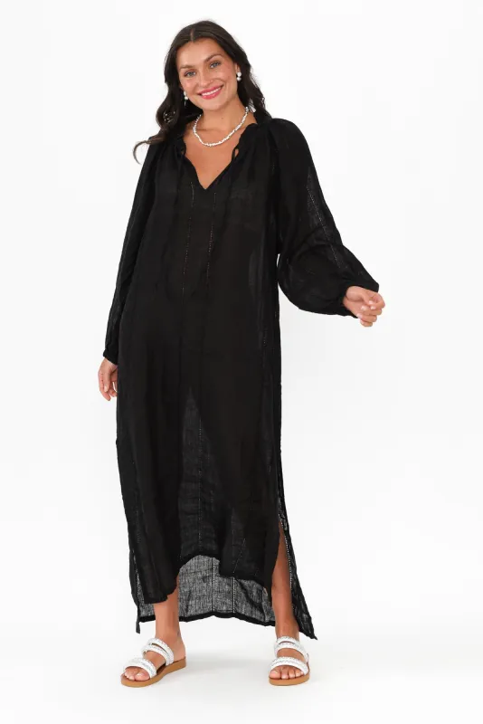 Elena Black Linen V Neck Dress sold by Blue Bungalow