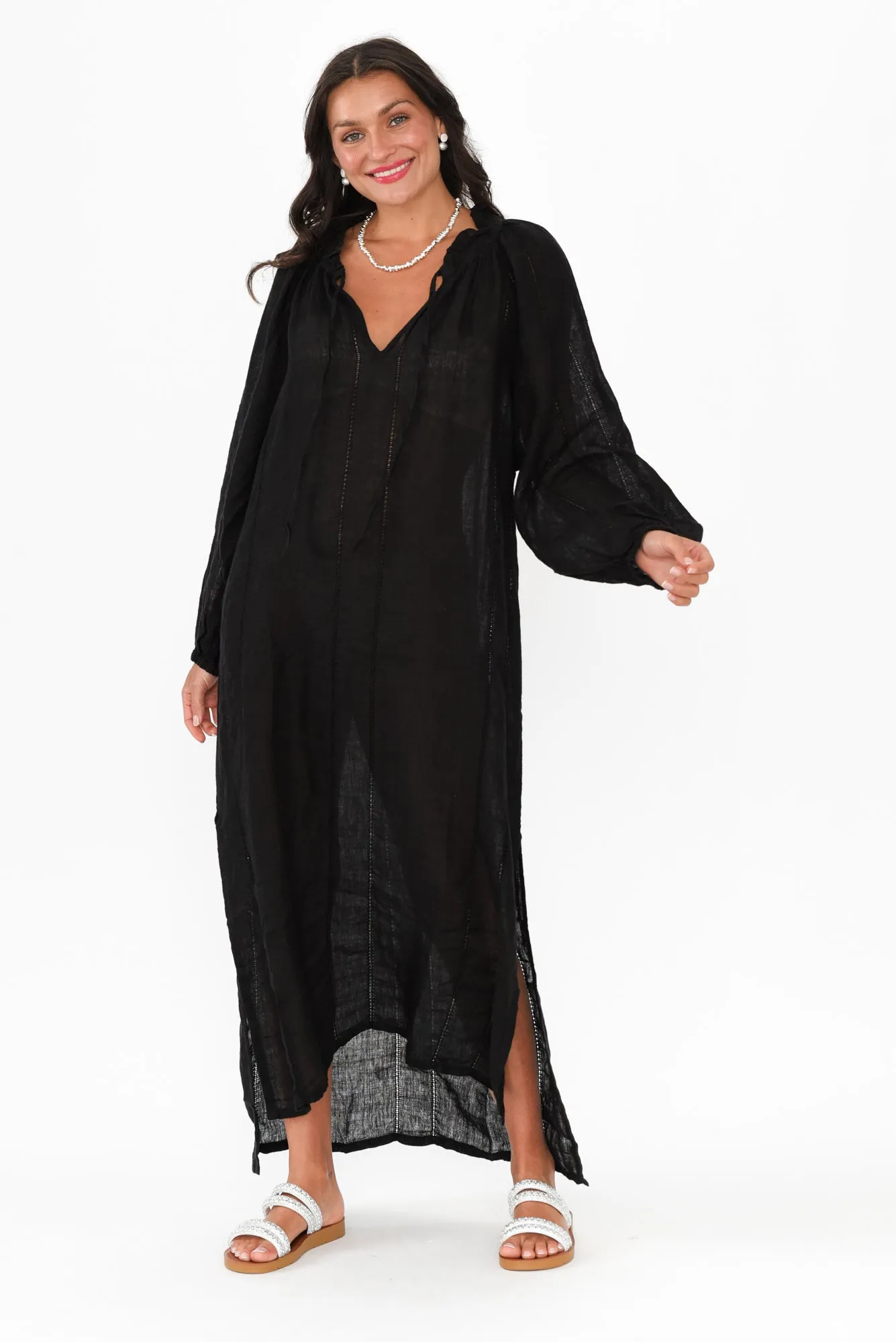 Elena Black Linen V Neck Dress sold by Blue Bungalow