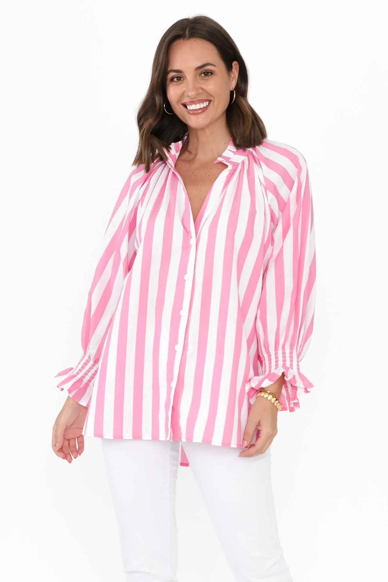 Olay Pink Stripe Cotton Puff Sleeve Shirt sold by Blue Bungalow