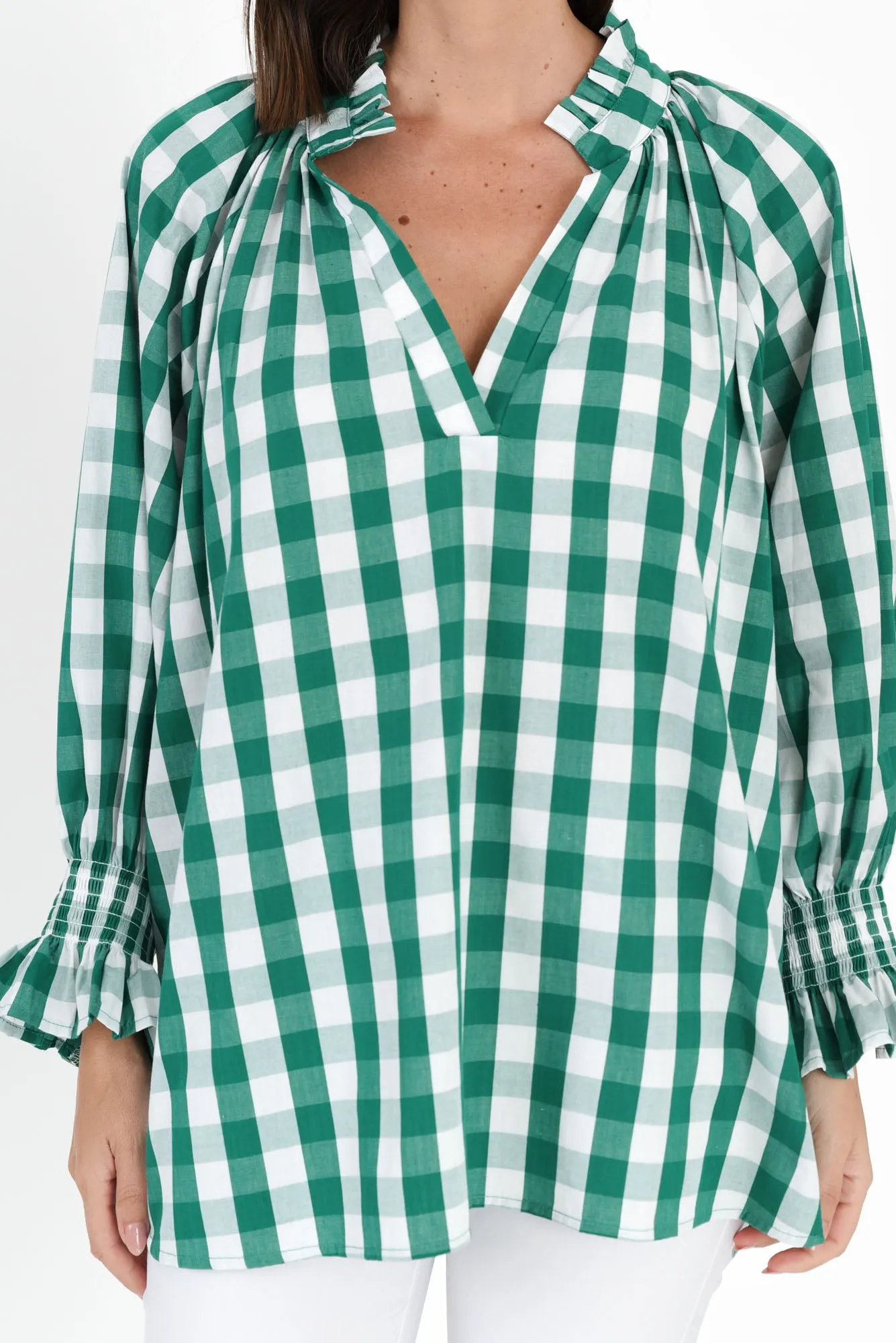 Olena Green Check Cotton Puff Sleeve Blouse sold by Blue Bungalow product image thumbnail 5