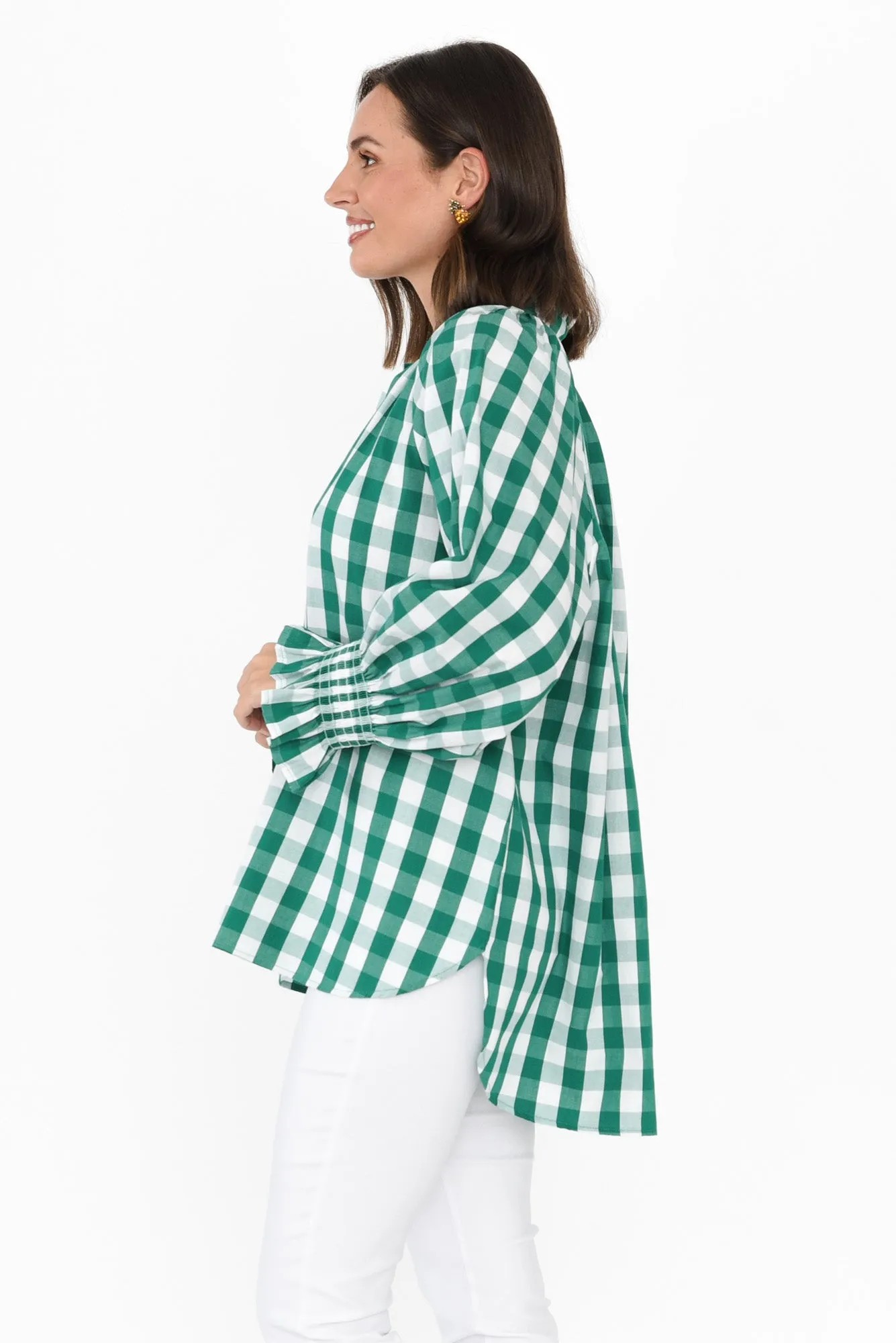 Olena Green Check Cotton Puff Sleeve Blouse sold by Blue Bungalow product image thumbnail 3