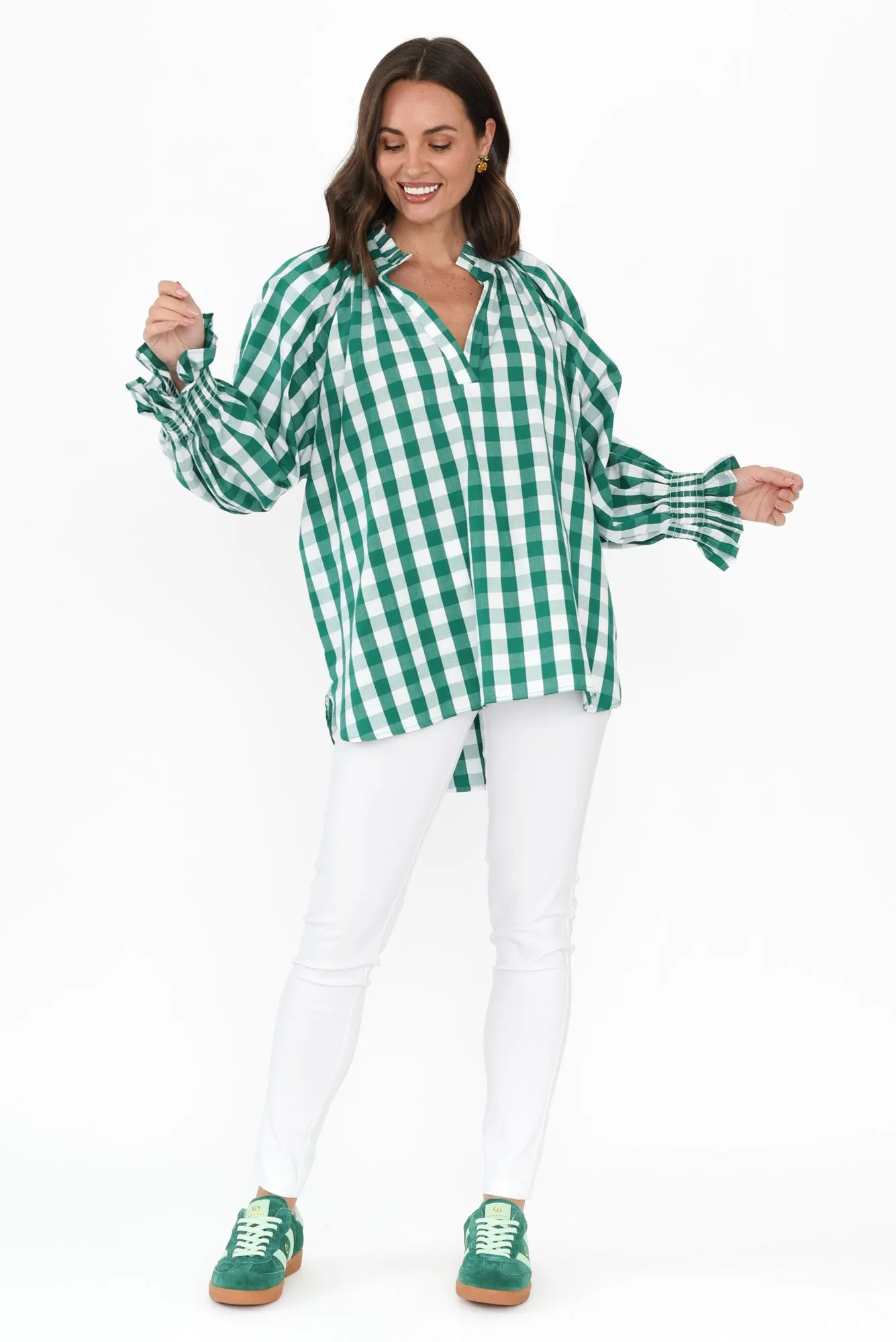 Olena Green Check Cotton Puff Sleeve Blouse sold by Blue Bungalow product image thumbnail 2