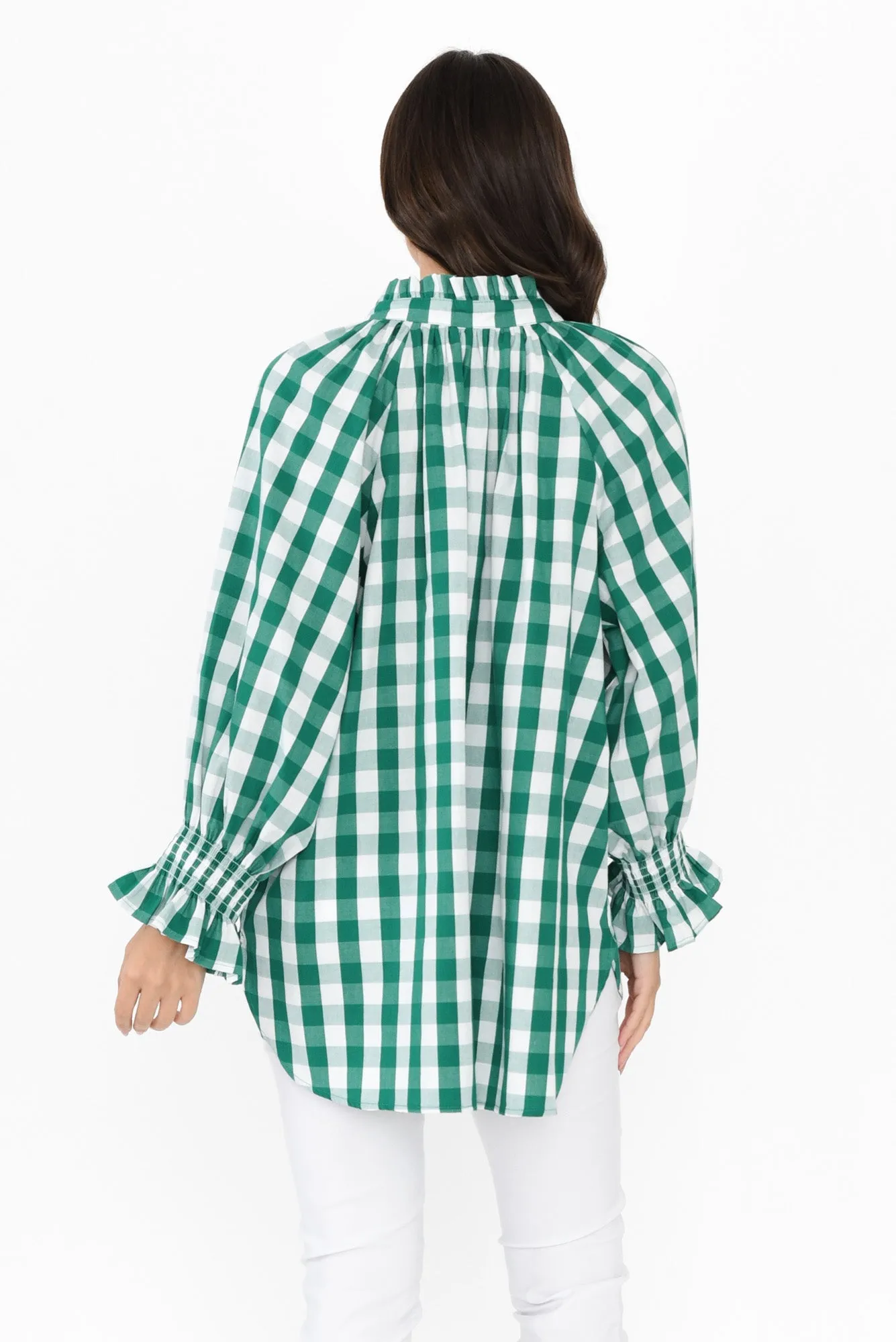 Olena Green Check Cotton Puff Sleeve Blouse sold by Blue Bungalow product image thumbnail 4
