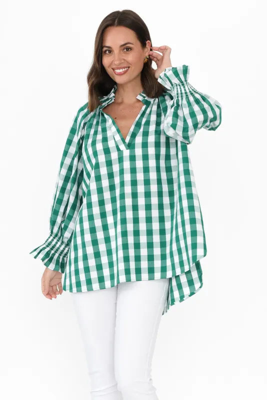 Olena Green Check Cotton Puff Sleeve Blouse sold by Blue Bungalow