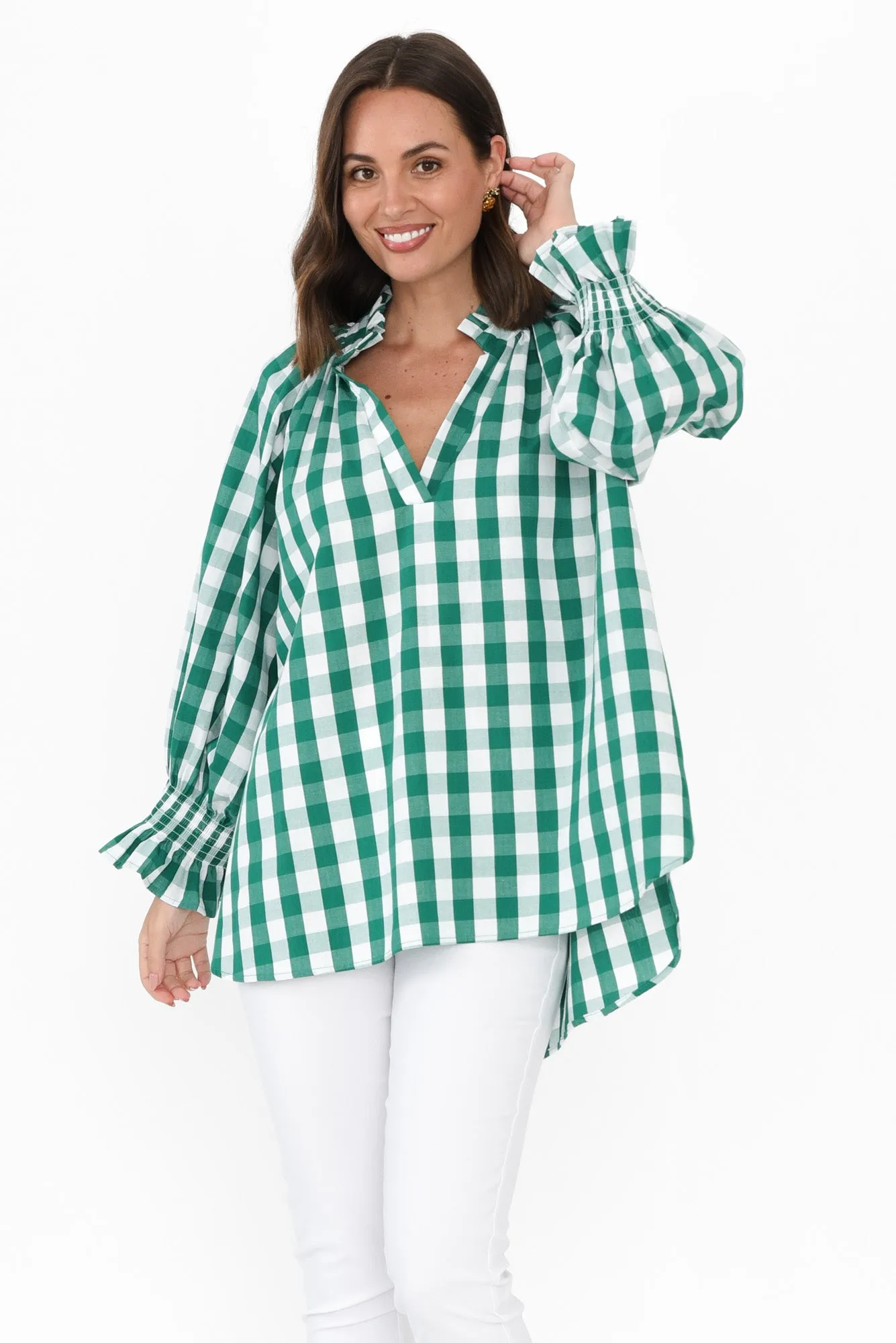 Olena Green Check Cotton Puff Sleeve Blouse sold by Blue Bungalow