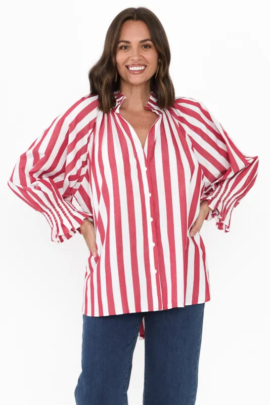 Olay Red Stripe Cotton Puff Sleeve Shirt sold by Blue Bungalow