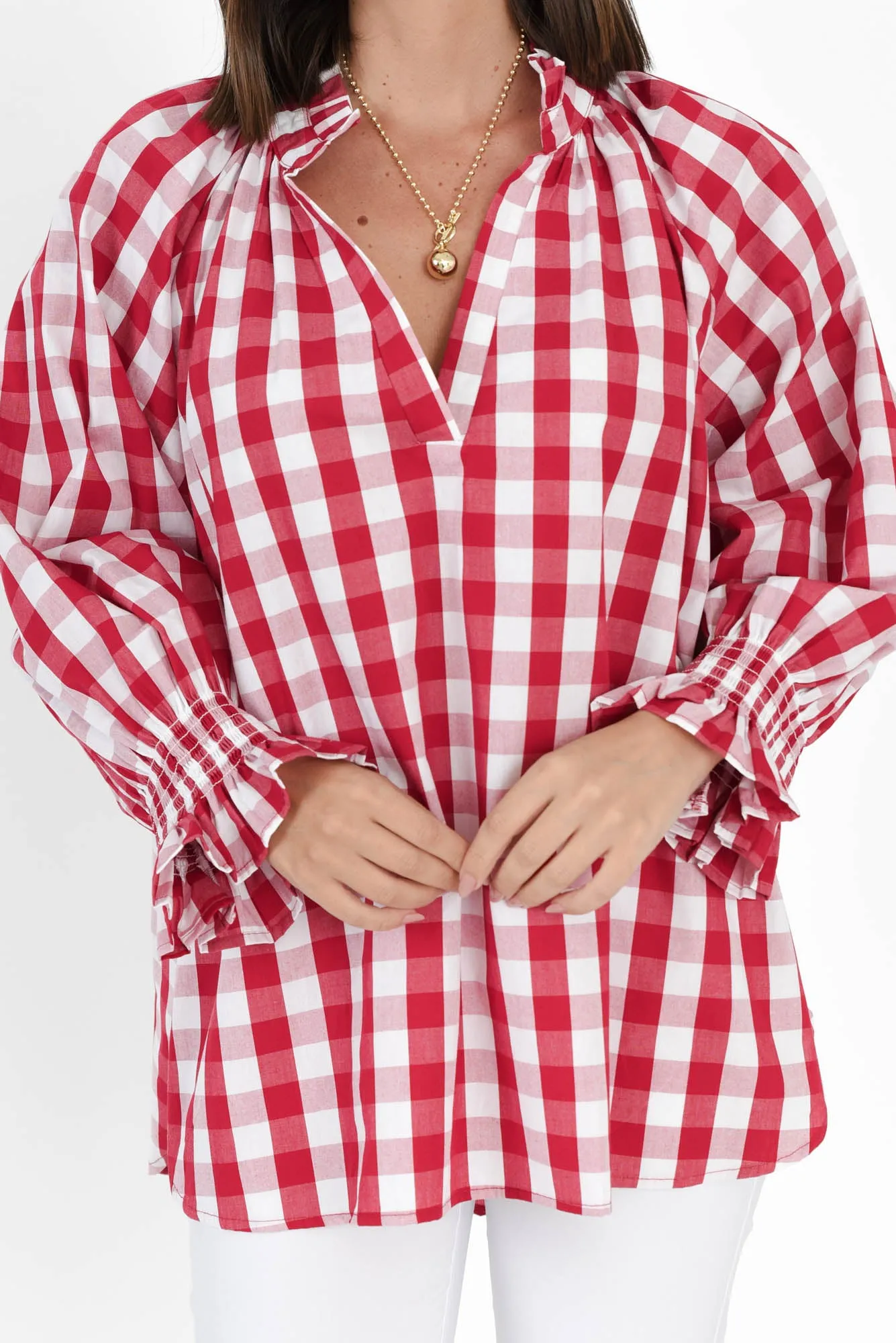 Olena Red Check Cotton Puff Sleeve Blouse sold by Blue Bungalow product image thumbnail 5