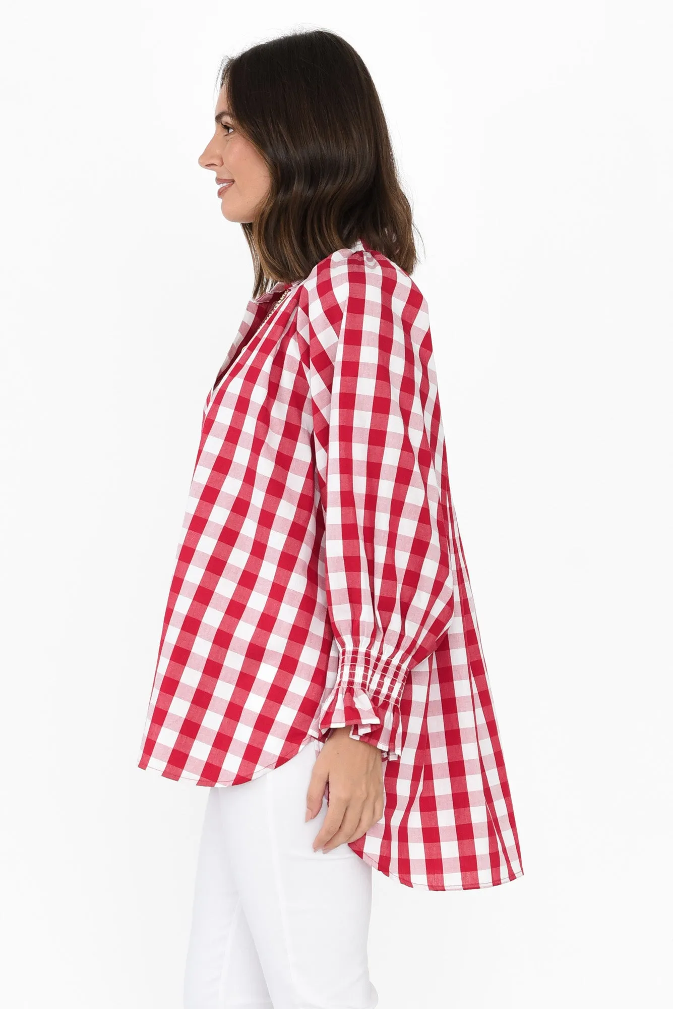 Olena Red Check Cotton Puff Sleeve Blouse sold by Blue Bungalow product image thumbnail 3