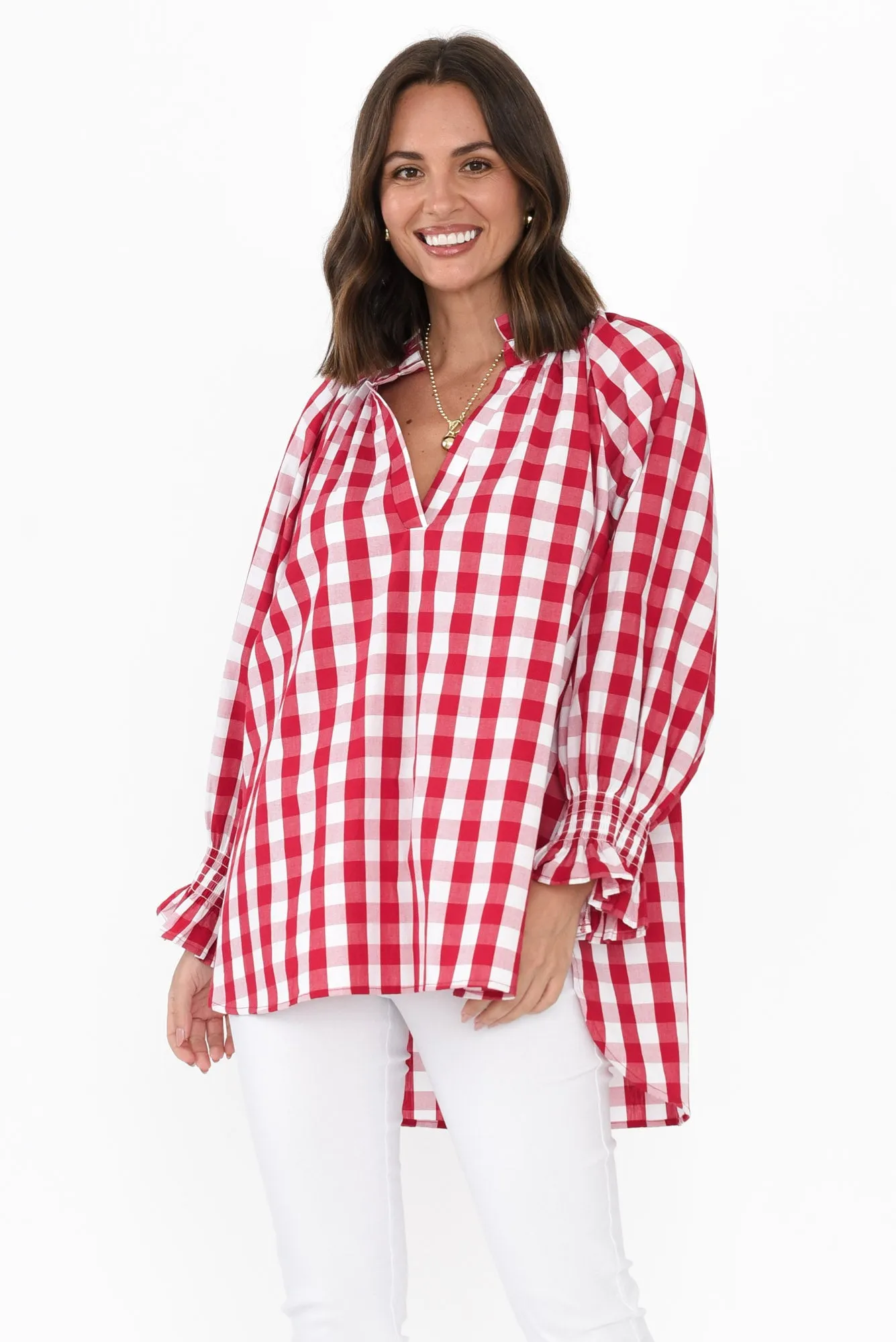 Olena Red Check Cotton Puff Sleeve Blouse sold by Blue Bungalow