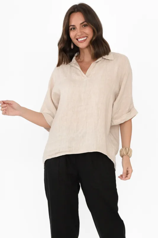 Anessa Natural Linen Collared Top sold by Blue Bungalow