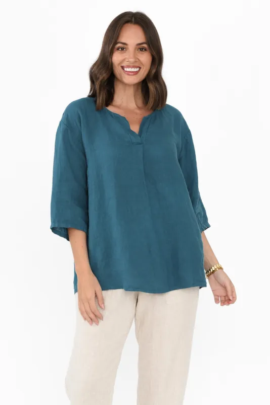 Justine Blue Linen Top sold by Blue Bungalow