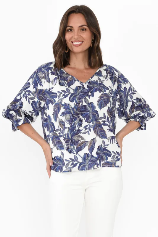 Rona Blue Floral Frill Sleeve Top sold by Blue Bungalow