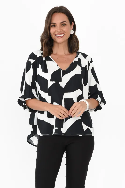 Rona Black Geo Frill Sleeve Top sold by Blue Bungalow